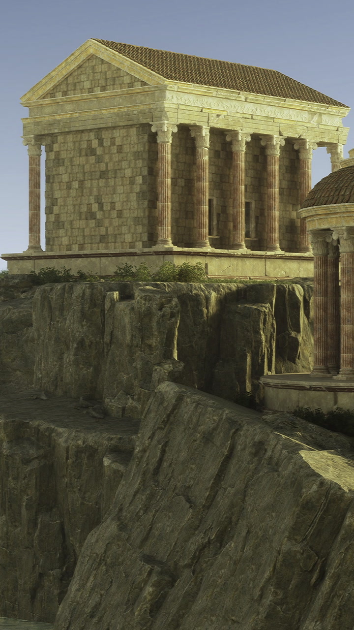 Ancient temple stands majestically on rocky cliffs under a clear blue sky
