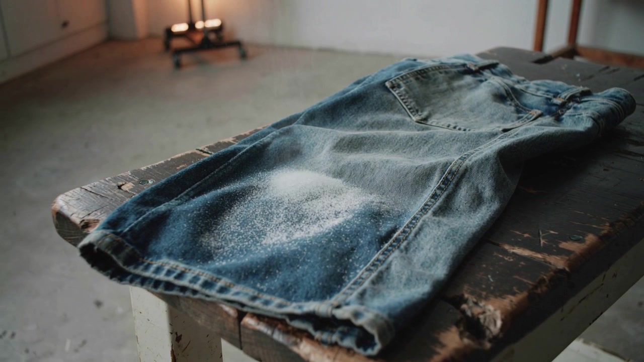 Shifting camera pushing focus toward folded blue denim jeans on worn studio stool, revealing powder