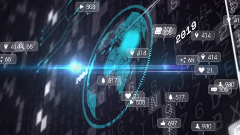 animation of media icons and data processing over globe