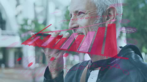 animación de un gráfico financiero sobre un anciano caucásico que usa un teléfono inteligente