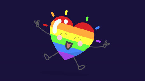 animation of rainbow coloured heart showing victory sign on purple background