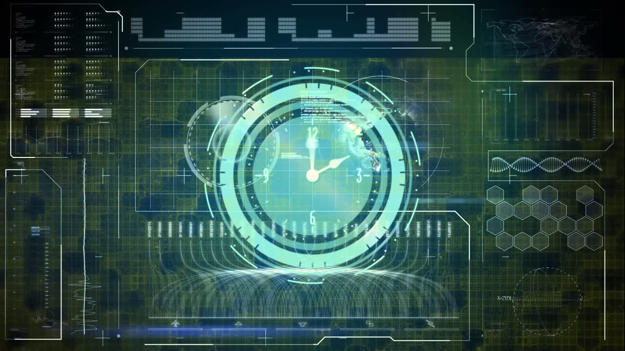Animation of clock over globe and data processing on screen