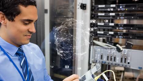 Animation-of-shapes-moving-over-biracial-male-worker-inspecting-server-room