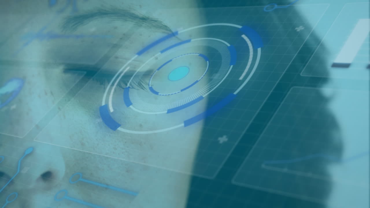 animación del procesamiento estadístico y el escaneo del alcance en pantallas sobre el ojo de la mujer en el fondo