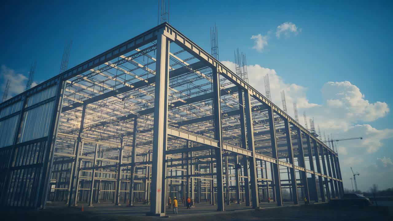 Positioning camera, panning across steel frame on construction site, showing workers checking beams