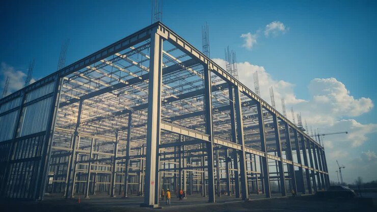 Positioning camera, panning across steel frame on construction site, showing workers checking beams
