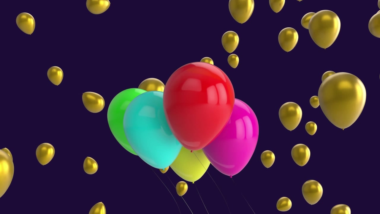 Animazione di palloncini dorati e un gruppo di palloncini colorati che fluttuano su uno sfondo blu.