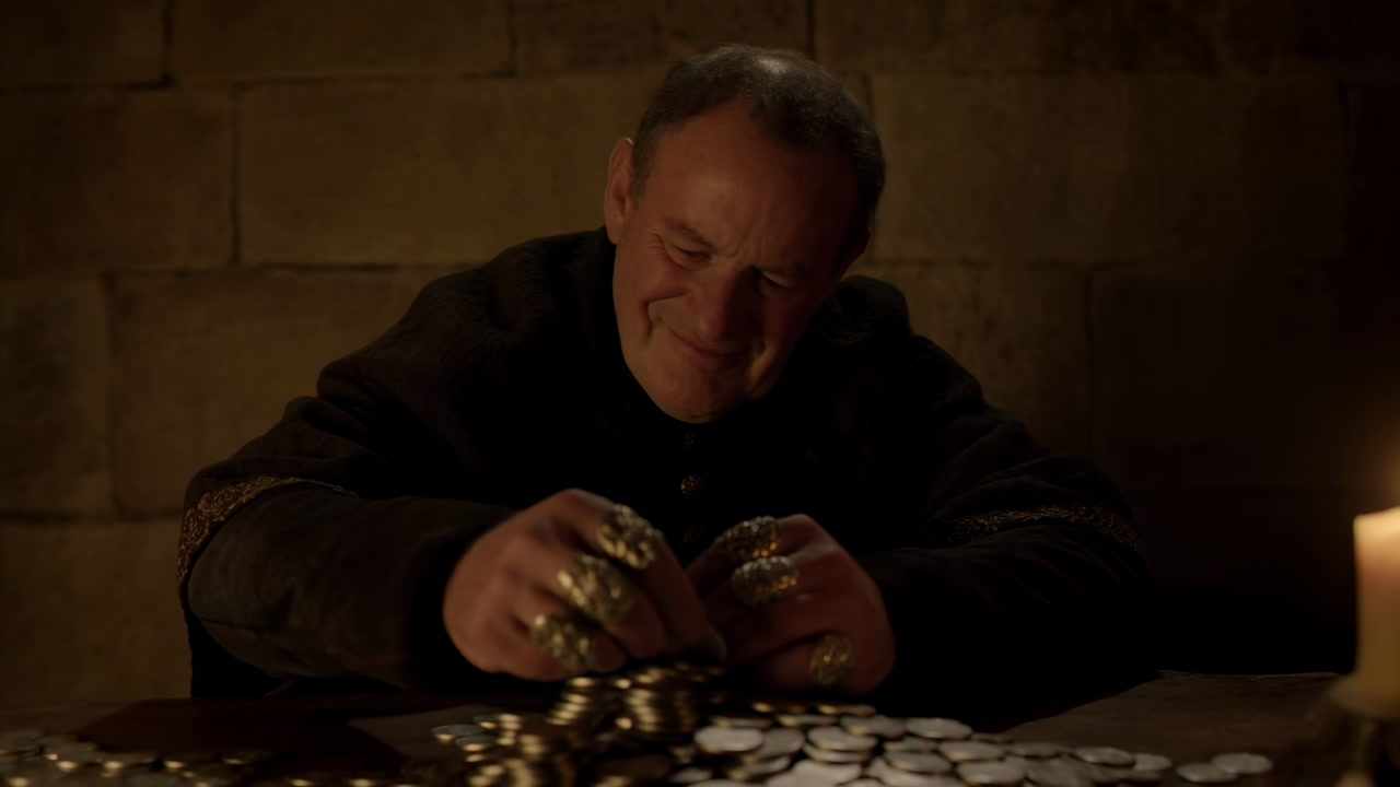Candlelit Monk Counting Coins On Table, Solitary Elder Sorts Gold And Jewelry By Flickering Candle In Dim