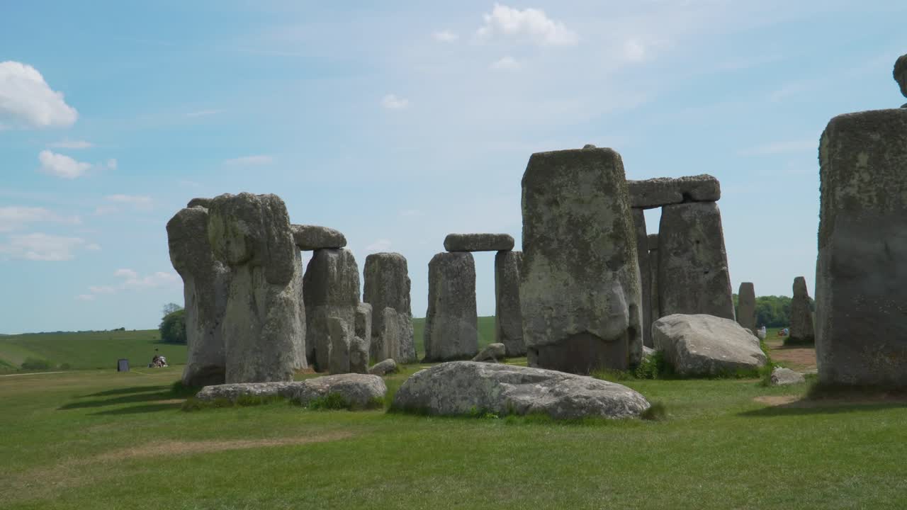 Close up view to the Stonehenge a prehistoric megalithic structure on Salisbury plain in Wiltshire England. Steady camera with a group of tourists and blue sky in the background, sunny day.
