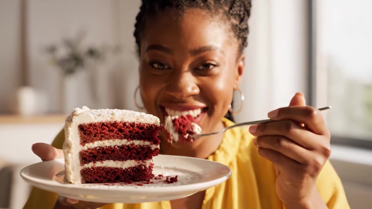 Herlig nytelse: En livlig kvinne nyter et stykke saftig red velvet-kake med kremet glasur, som fanger gleden av søte fristelser i et solfylt kjøkkenmiljø