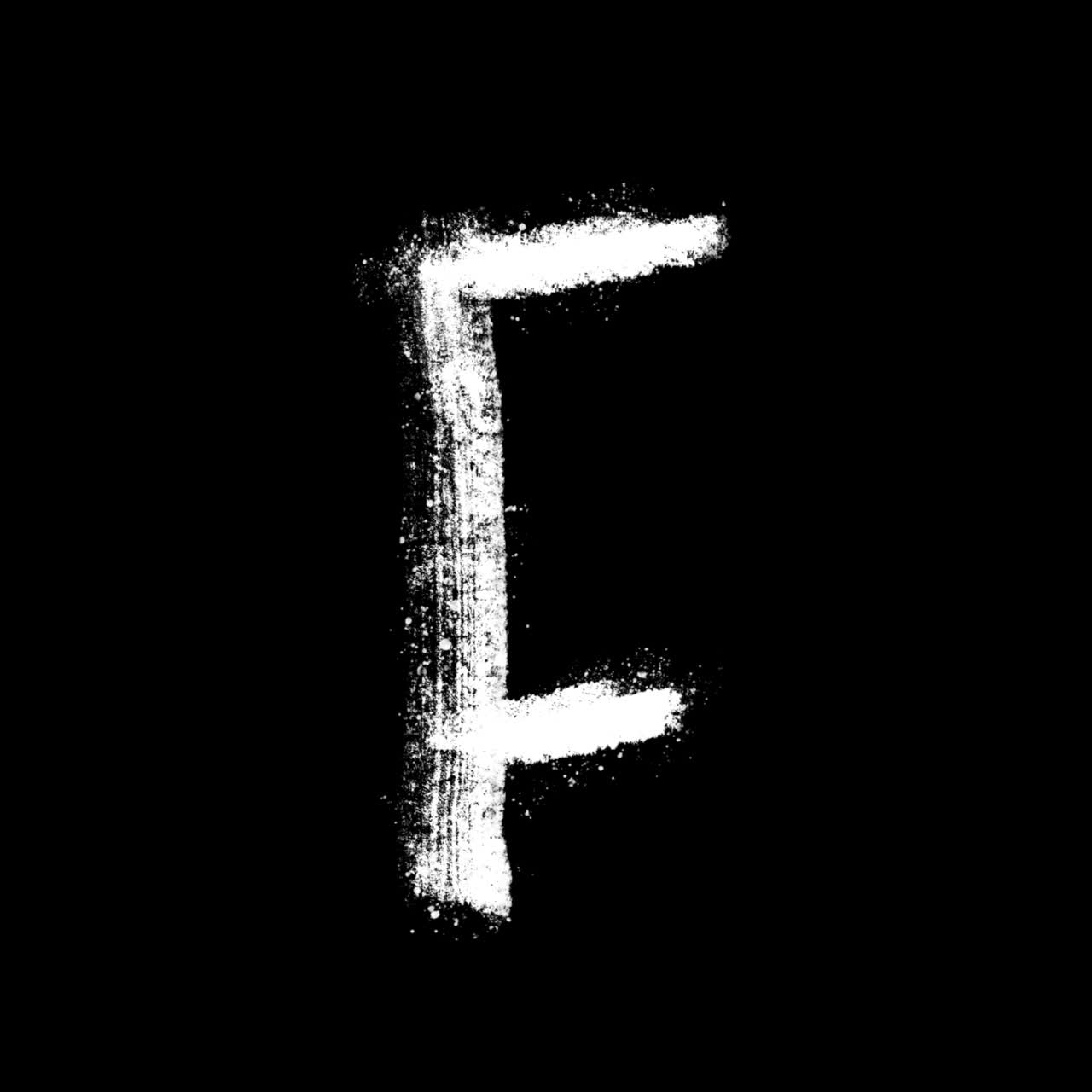 Lettera F animata con pennellata bianca su sfondo nero.