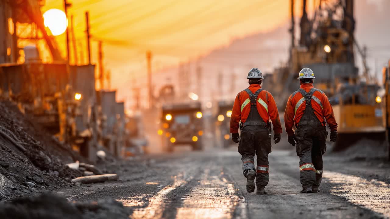 Two Workers in High-Visibility Gear Walk Together on a Construction Site During Sunset, Surrounded by Heavy Machinery and Dusty Terrain