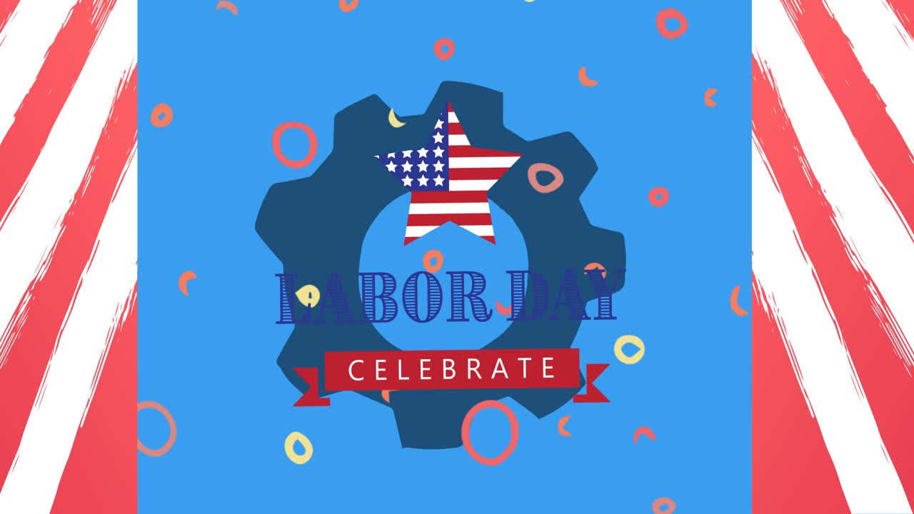 코그, 별 및 미국  ⁇ 발 위의 노동절 축하 텍스트의 애니메이션