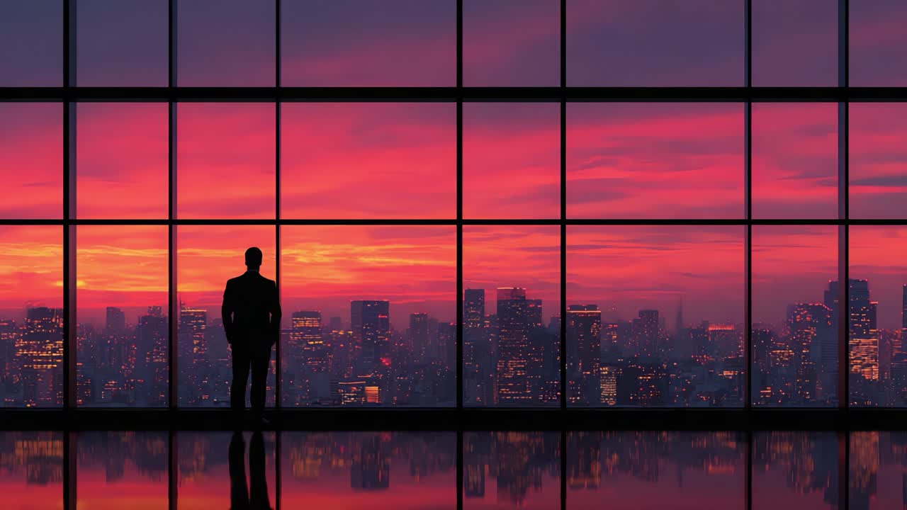 Una figura en silueta observando un atardecer vibrante sobre un horizonte urbano a través de una ventana de cristal, capturando un momento de reflexión en medio del esplendor urbano.
