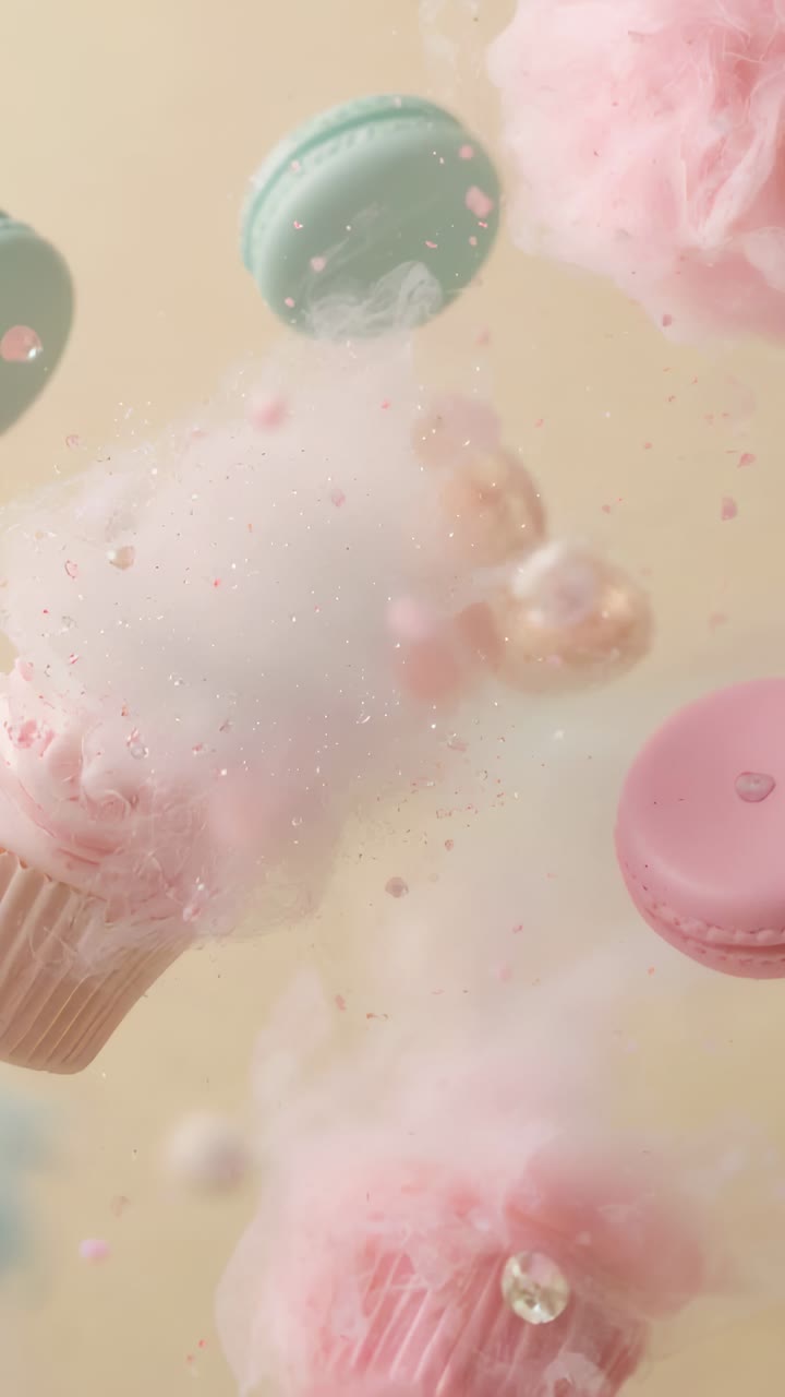 Video verticale: gruppo di cupcake alla deriva sollevato da una leggera brezza su sfondo beige, con perle
