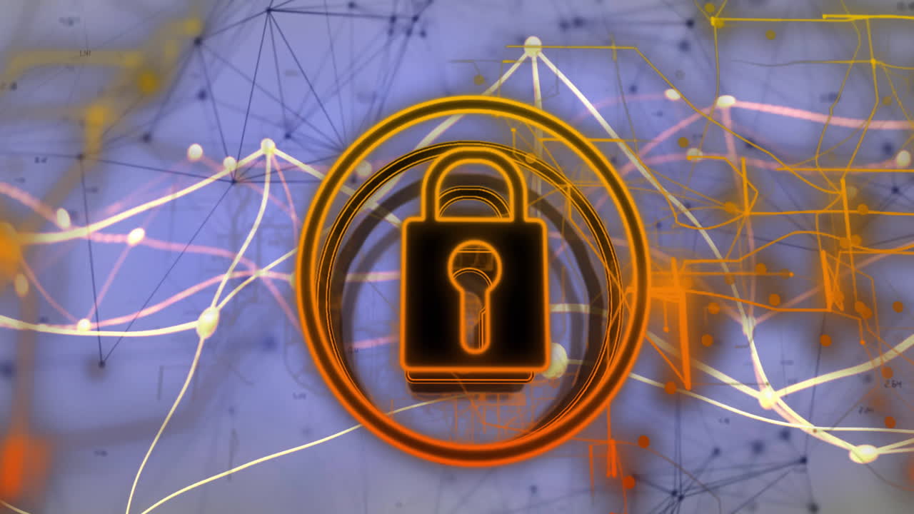 Microphone with lock symbol over digital network and data connections animation