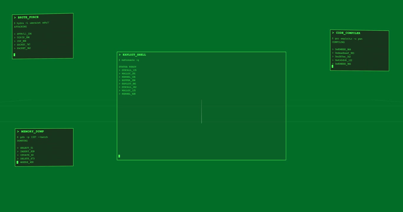 msfconsole -q initiating exploit shell, modules listing, panels arranging to form transparent HUD