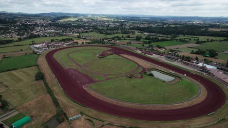 drone shot around saint galmier racecourse in loire departement, auvergne rhone alpes region, french countryside