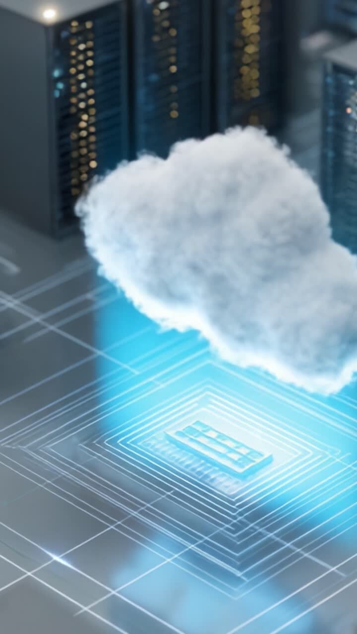 Cloud Computing Concept Rendering: A Detailed Depiction of Cloud Technology Overlaid on a Server Matrix Representing Data Storage and Processing in a Digital Landscape