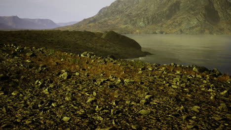 tranquil nature by a rocky shore with mountains at dusk
