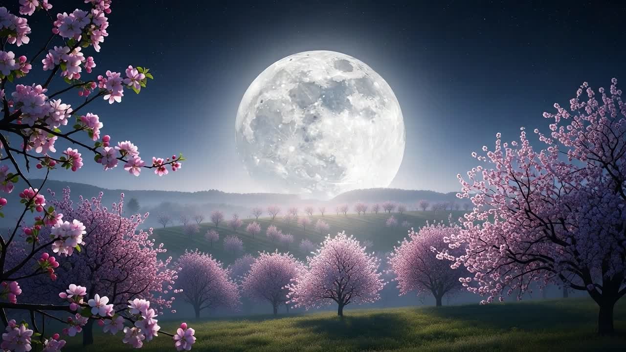 滿月映照下的寧靜景色，周圍環繞著絢麗盛開的櫻花樹，營造出如詩如畫的寧靜夜景。