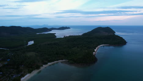 aerial view overlooking the koh yao yai island, colorful dusk sky in thailand