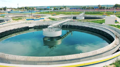 top view of a sedimentation tank at a wastewater treatment facility. sewage treatment concept.