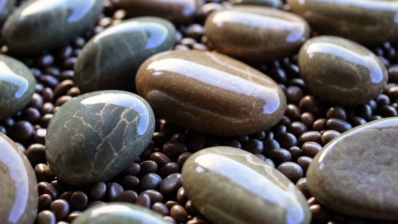 Close-up view of smooth, wet stones