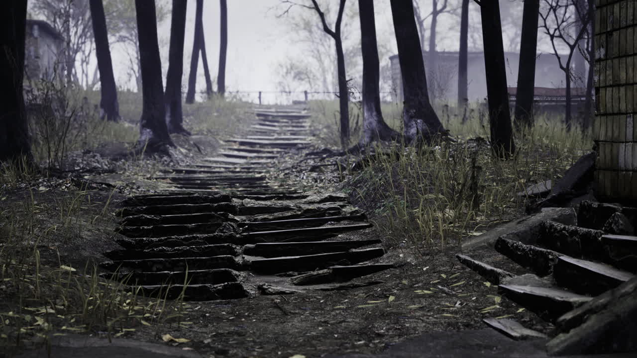 Worn wooden steps lead through a forest clearing under a gray sky