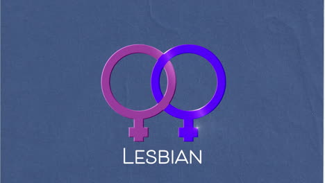 animation of text lesbian and two linked pink and purple female gender symbols, on blue background