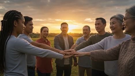 a diverse group of people united by friendship and support, forming a circle of hands together at sunset in a beautiful outdoor setting