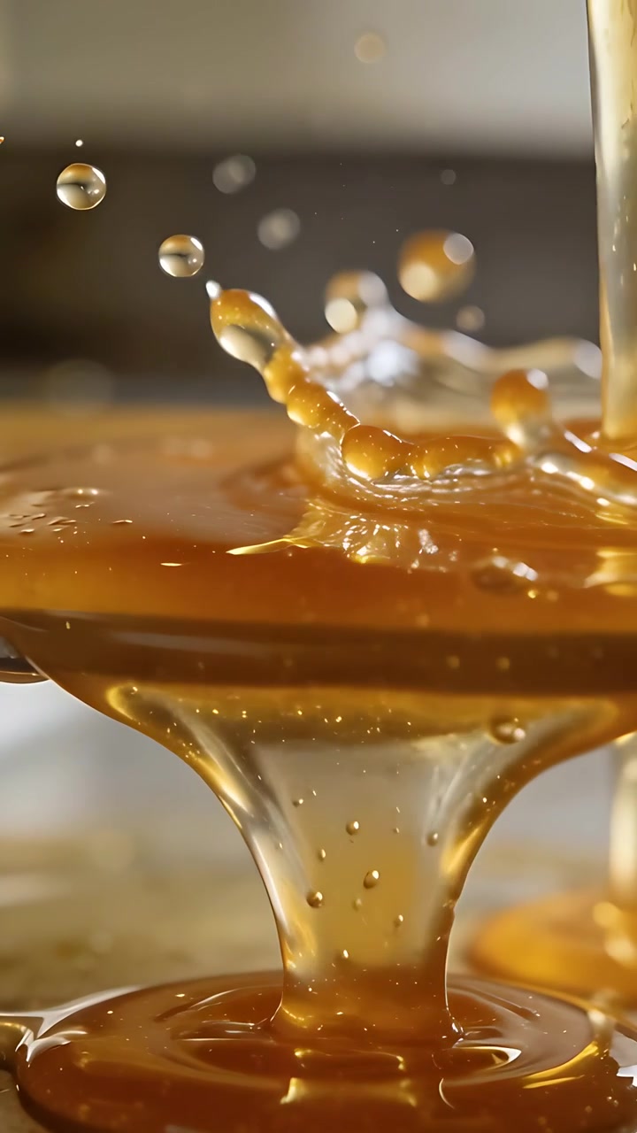 Video verticale: Miele che cola da un beccuccio formando una colonna e goccioline su un cucchiaio sul bancone da raccogliere.