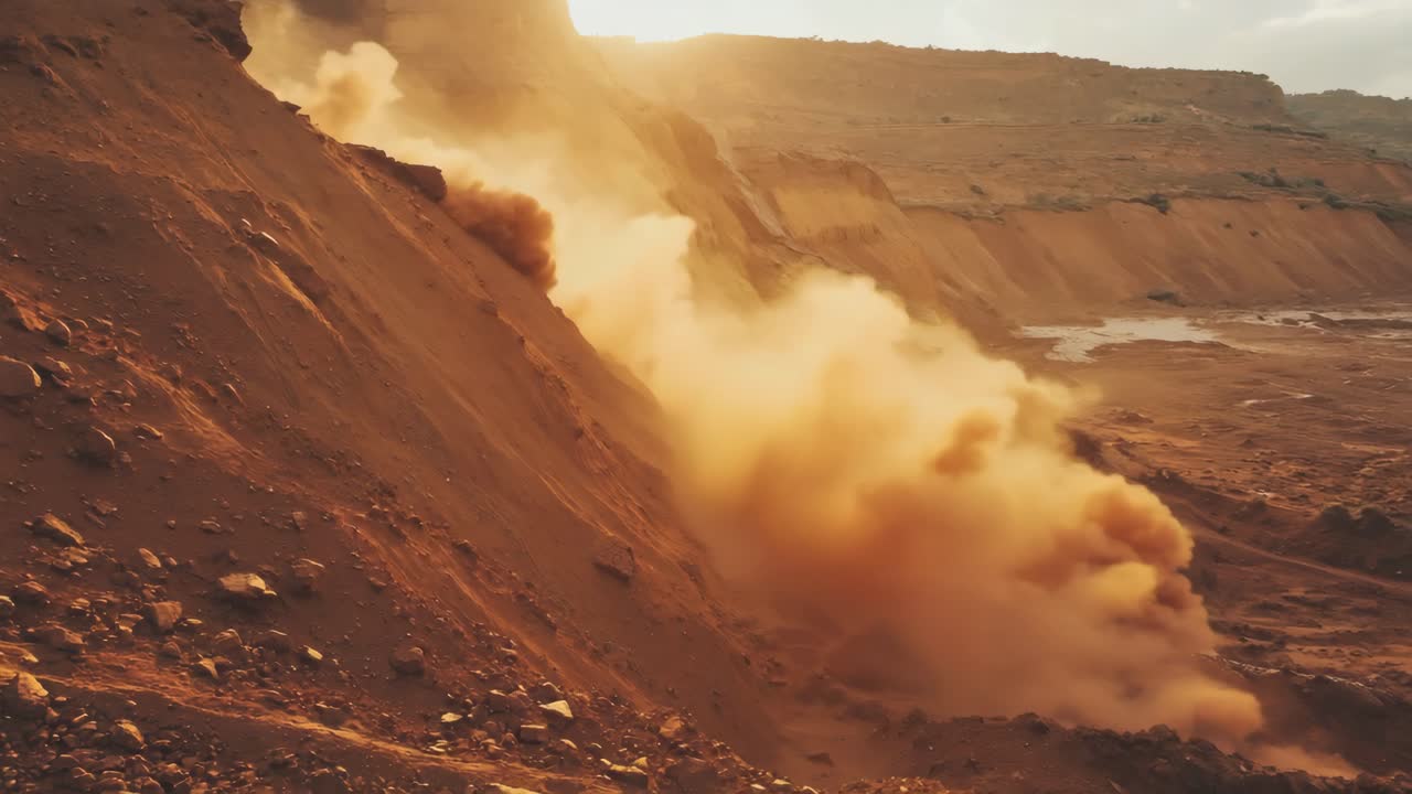 Landslide and Dust Cloud in Arid Landscape