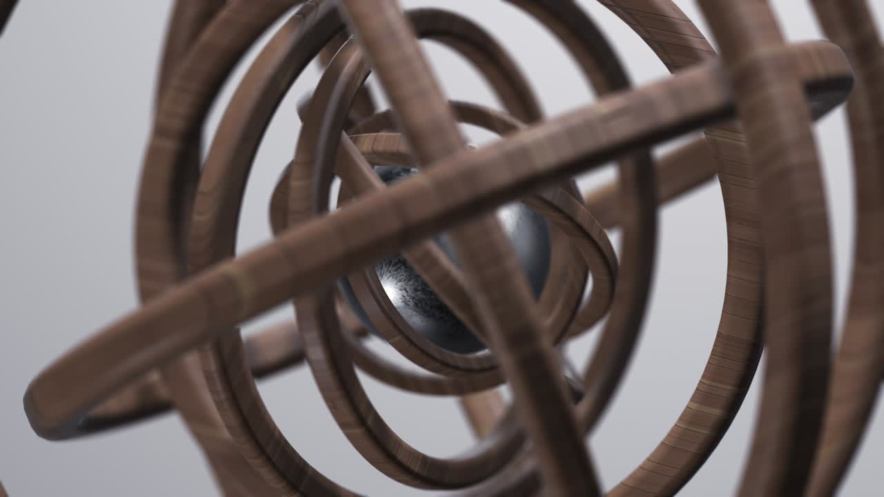 esfera metálica y anillos de madera. animación 3d abstracta.