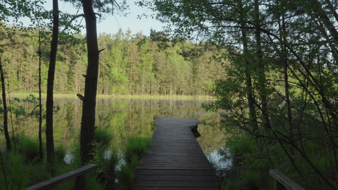 Cais vazio, lago alpino sereno e calmo cercado por árvores, sem pessoas.