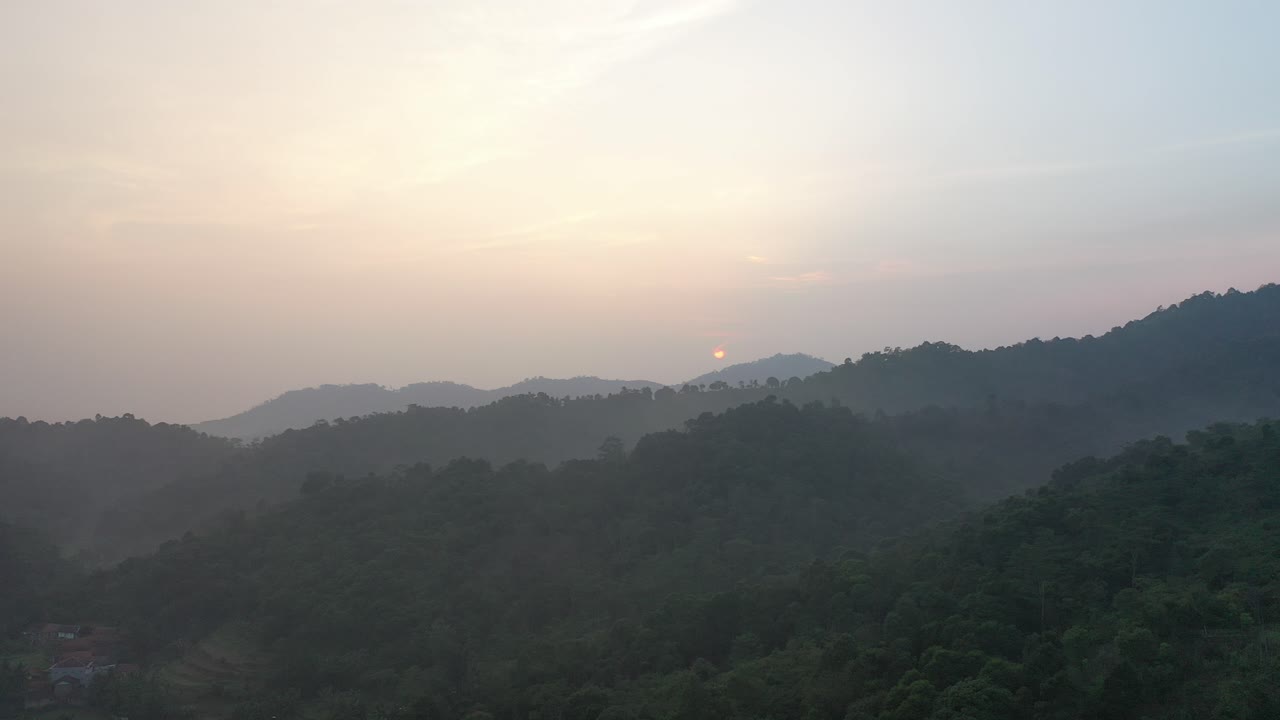 산 숲 위의 안개가 가득한 해가 뜨는 것
