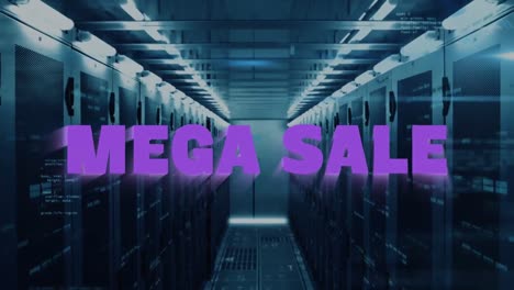 animation of mega sale text and computer language over data server room