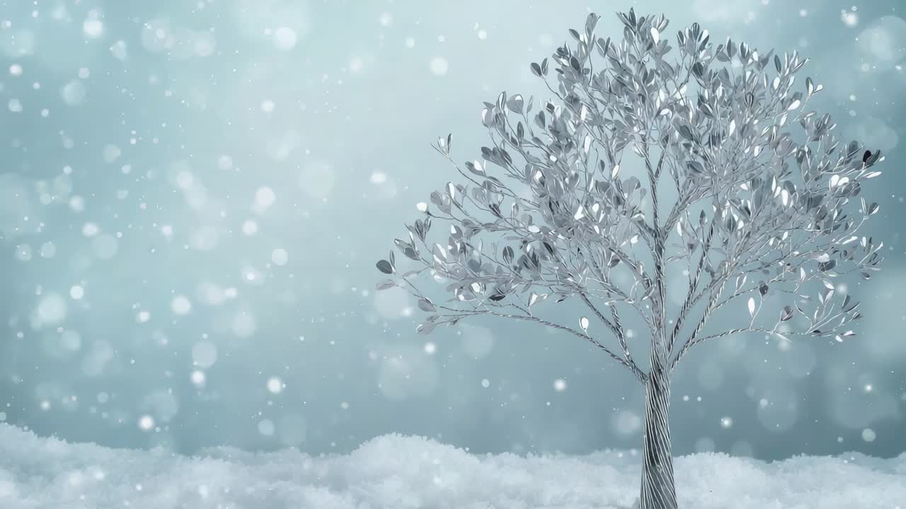 カメラがパンし、雪景色の右側に装飾的な銀色の木が姿を現す。雪が降り、コピースペースも見える。