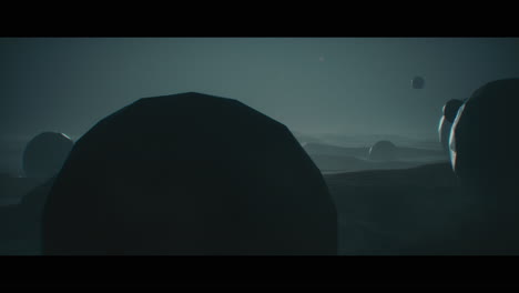 alien planet desert landscape at night with strange sphere-shaped buildings
