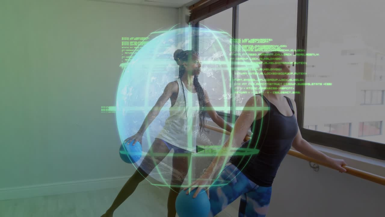 Leading woman placing hand on barre lifting leg with peer mirroring as health globe code animating
