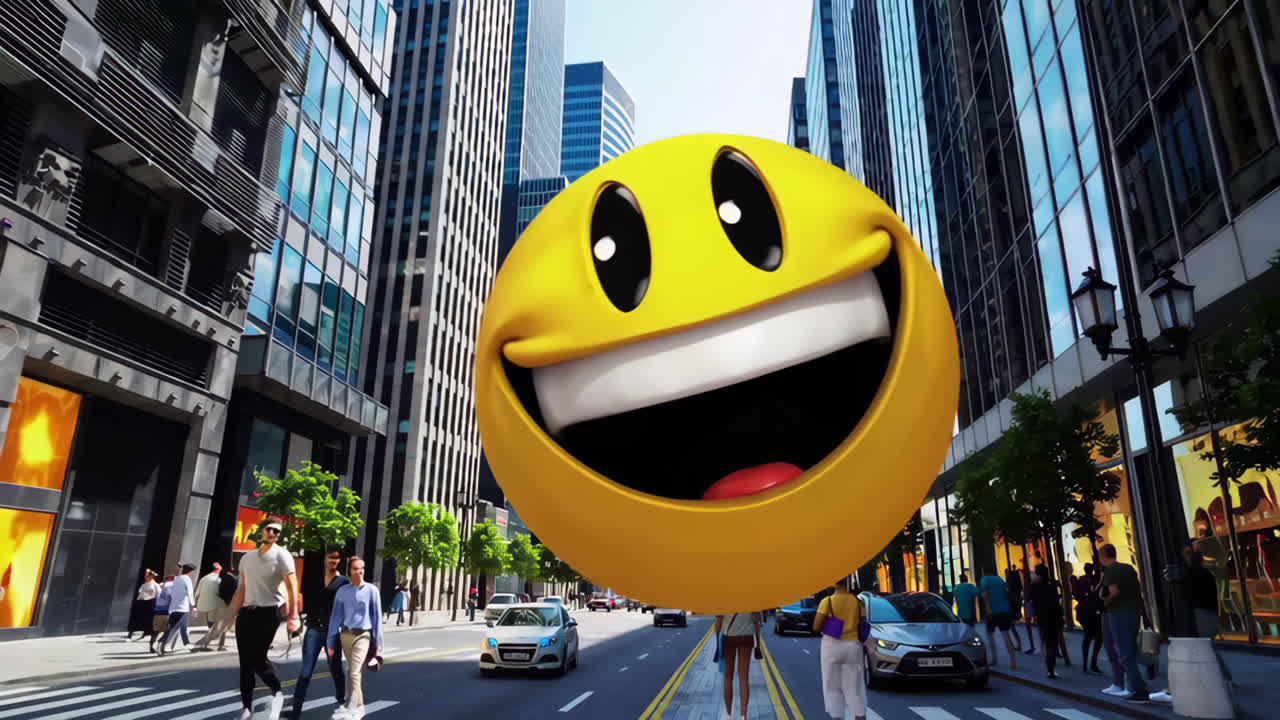 emoji sonriente en una calle de la ciudad