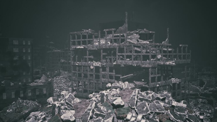 Rovine urbane mostrano le conseguenze della distruzione in un paesaggio desolato