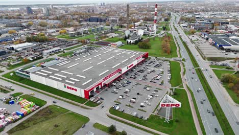 depo warehouse in klaipeda with large parking lot and surrounding roads captured from above