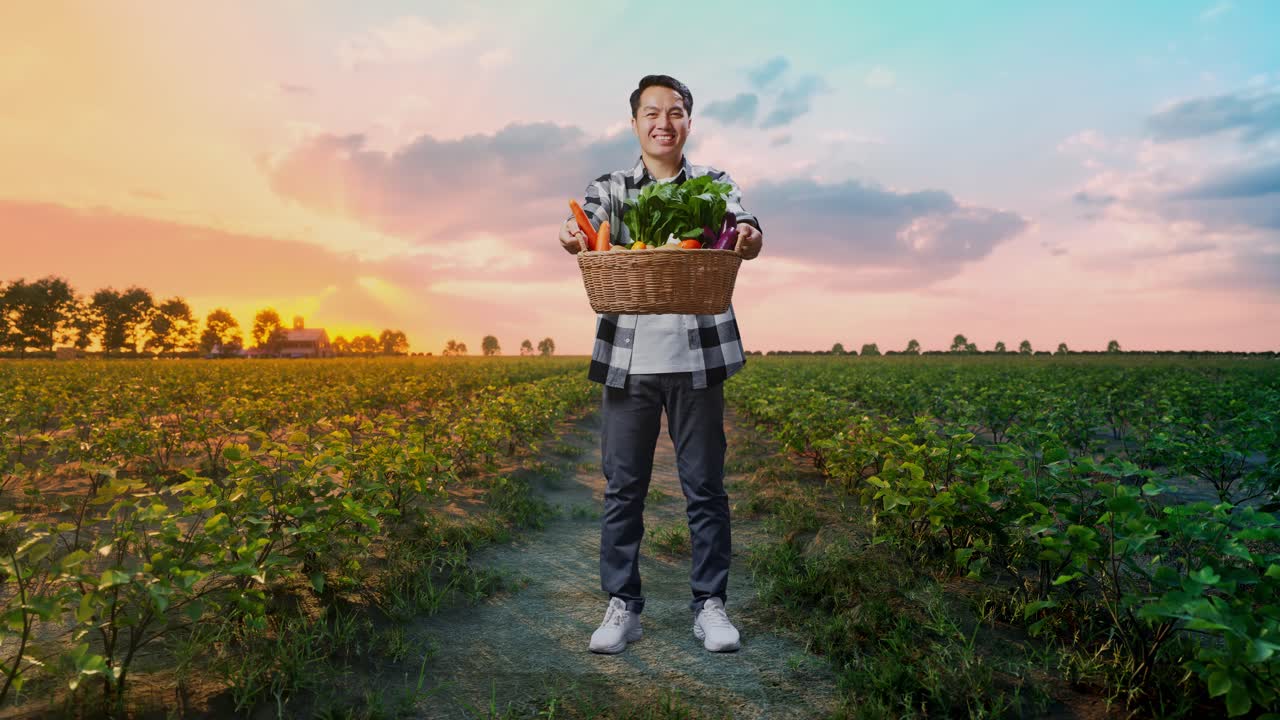 동양 남성 농부 가 채소 와 함께 바구니 를 주고  에서 따뜻 한 미소