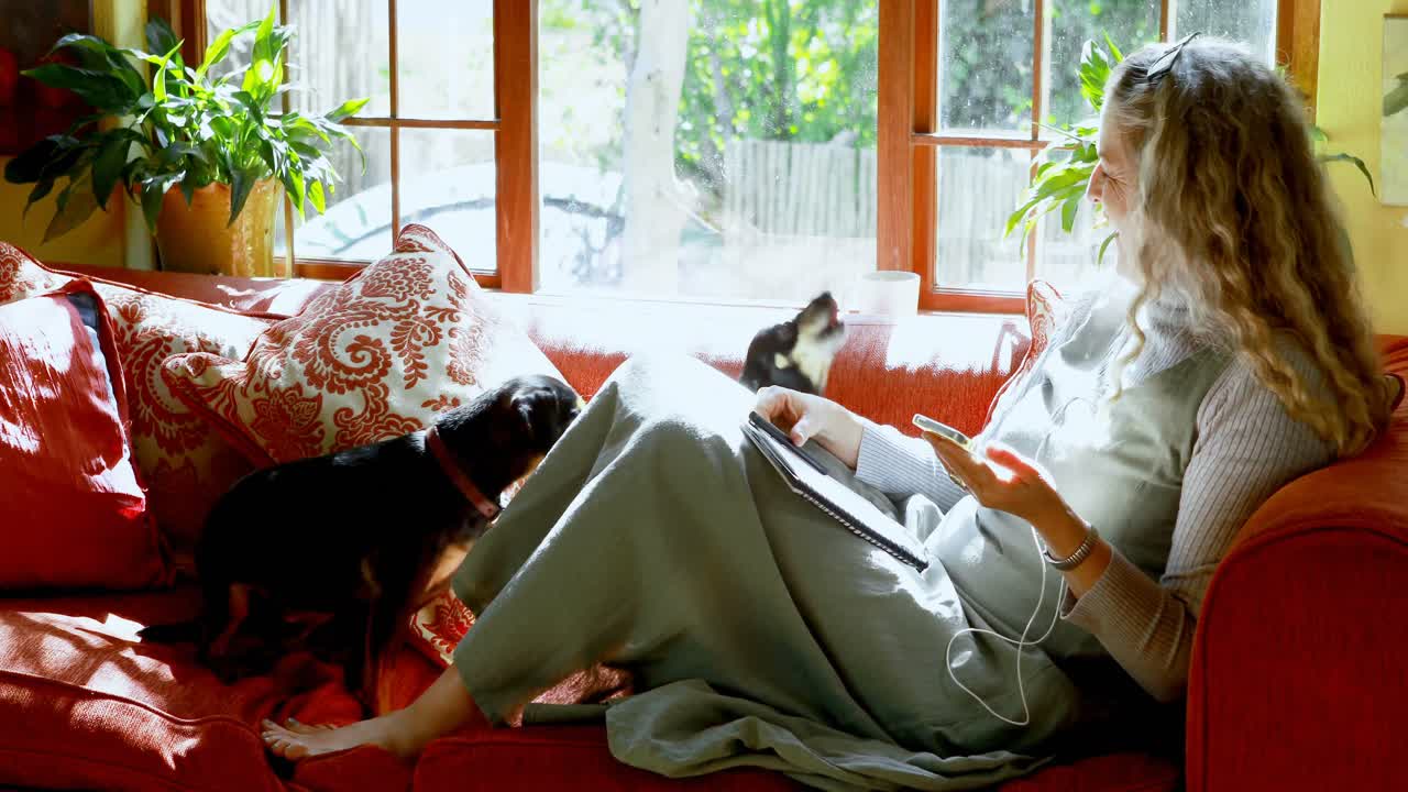 성숙한 여성이 거실 4k에서 개와 놀고 있습니다.