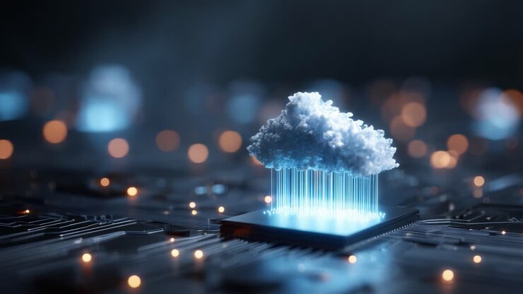 A stunning visual representation of digital cloud computing, showcasing a cloud icon emerging from a microchip, symbolizing connectivity, technology, and innovation