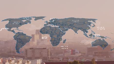 Animación-Del-Mapa-Mundial-Y-Procesamiento-De-Datos-Frente-A-La-Vista-Aérea-Del-Paisaje-Urbano