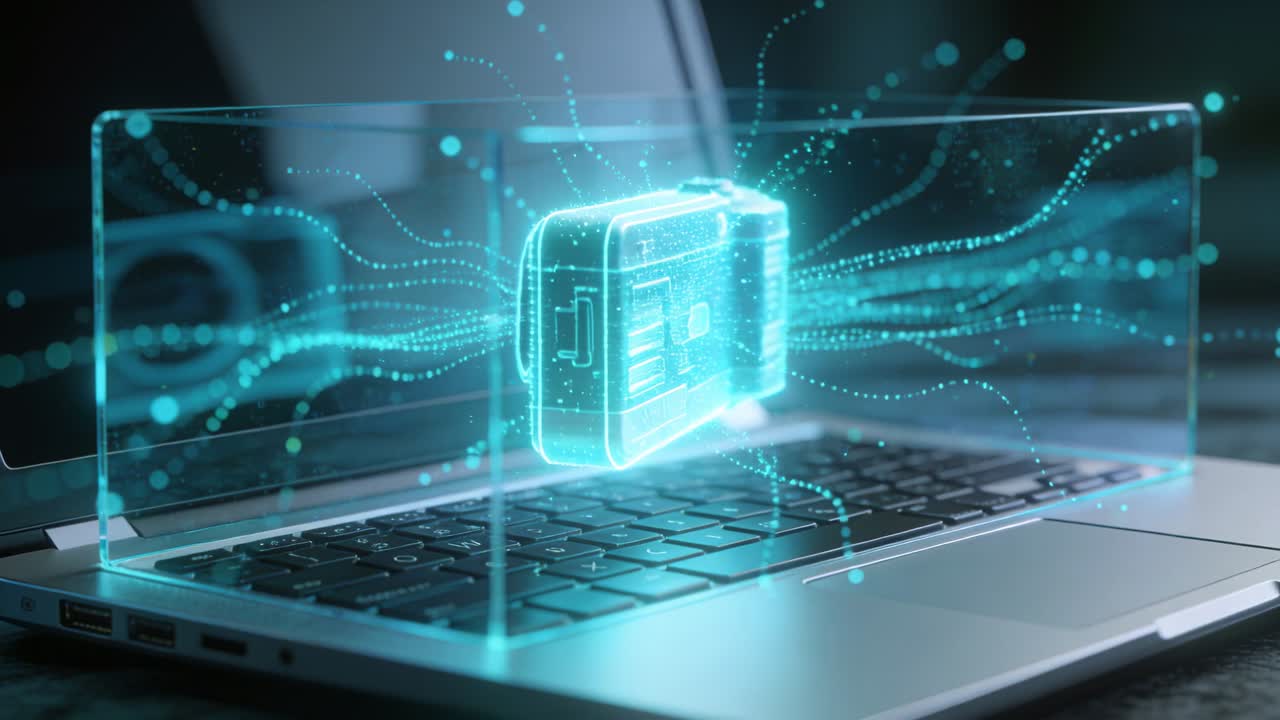 Tech hologram camera appearing above laptop keys, rotating and pulsing, visualizing data