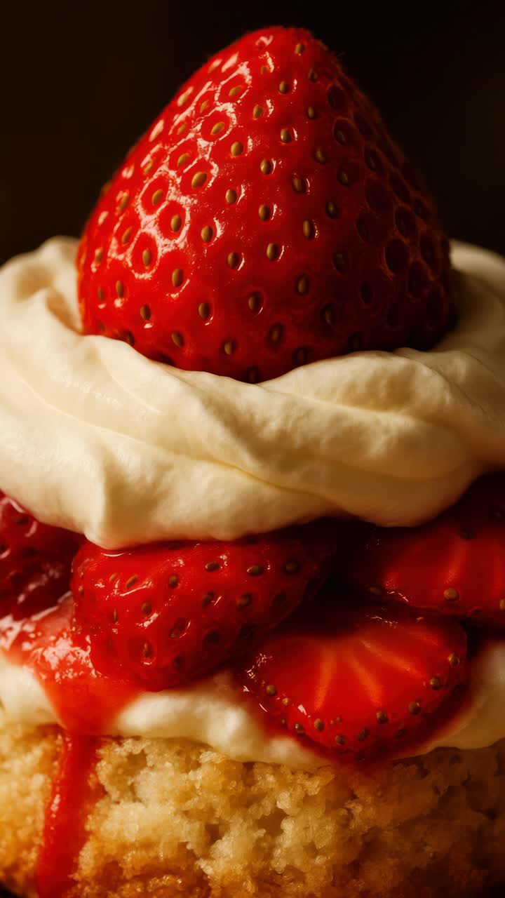 Fermo immagine video in primo piano di una torta di fragole con panna montata