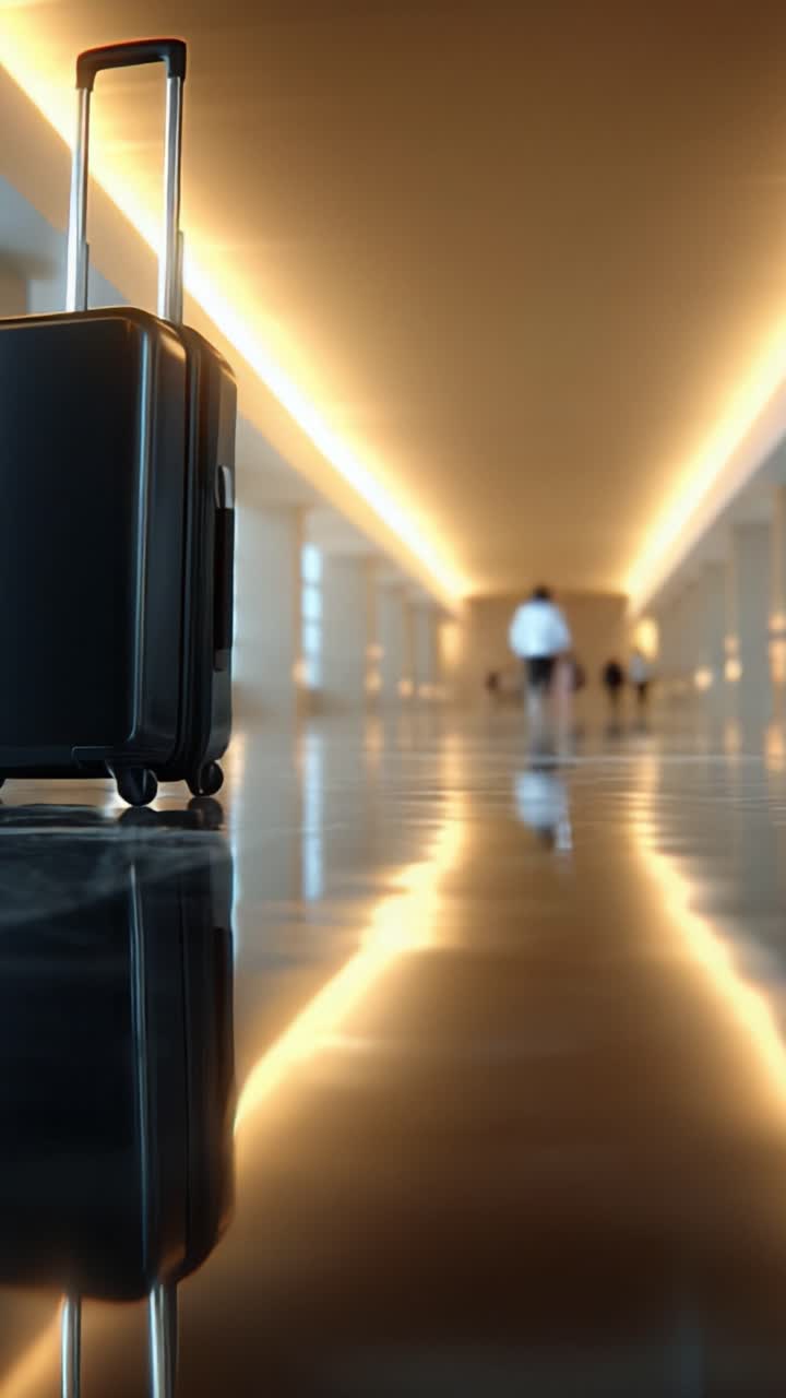 Una elegante maleta negra se destaca prominentemente en primer plano mientras los viajeros se mueven por una terminal de aeropuerto, reflejando un diseño moderno y la ajetreada vida de viaje